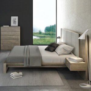 Modern Wooden Bed with Floating Nightstands – Elegant and Minimalist Design