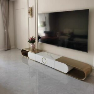 Modern Luxury TV Console – Curved Metal Frame with Marble Finish