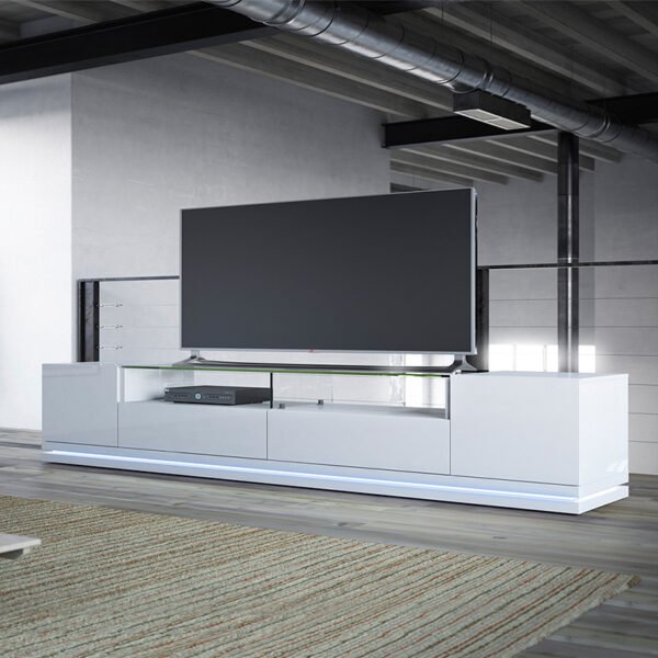 Modern Minimalist TV Stand – Gloss White & Oak Wood Finish - 图片 3