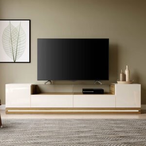 Modern Minimalist TV Stand – Gloss White & Oak Wood Finish
