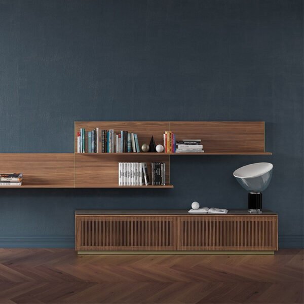 Modular Wall Shelf & Storage Unit – Walnut Finish with Brass Accents