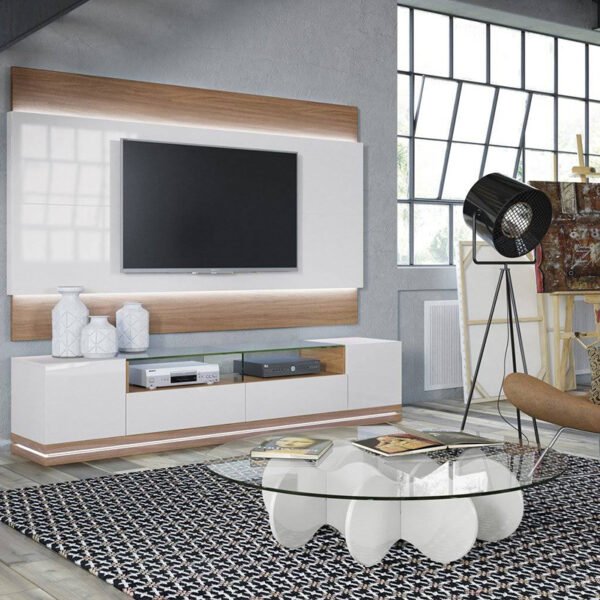 Modern Minimalist TV Stand – Gloss White & Oak Wood Finish - 图片 2